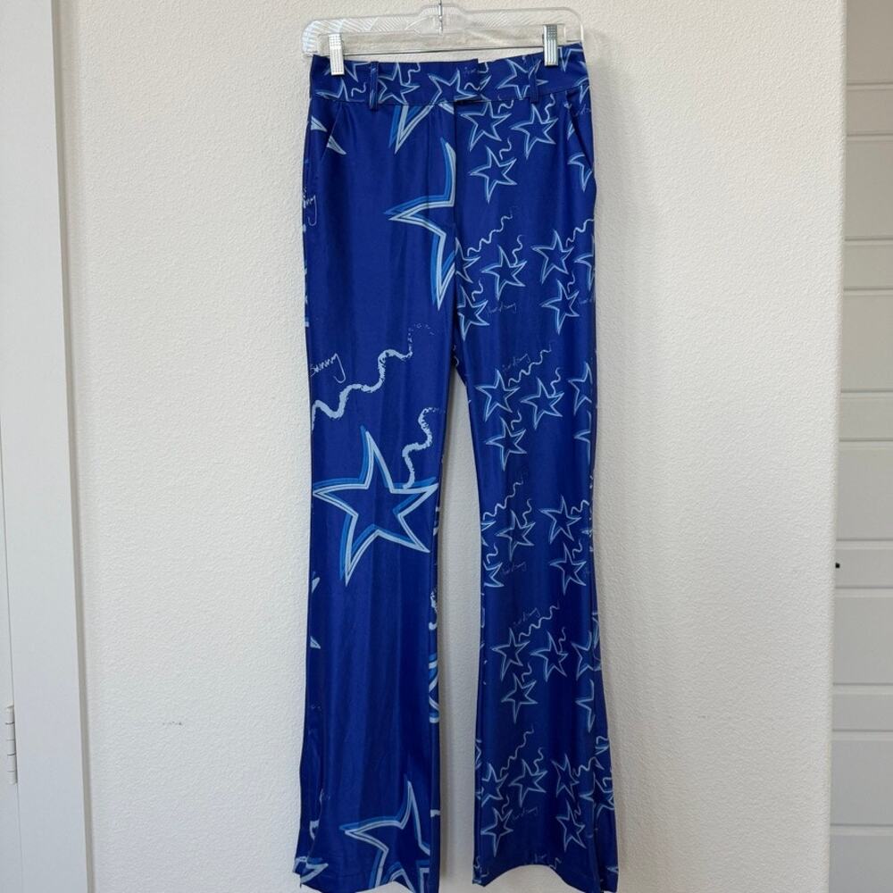 House of Sunny Blue Star Print Fitted Flare Pants NWT Statement Trouser